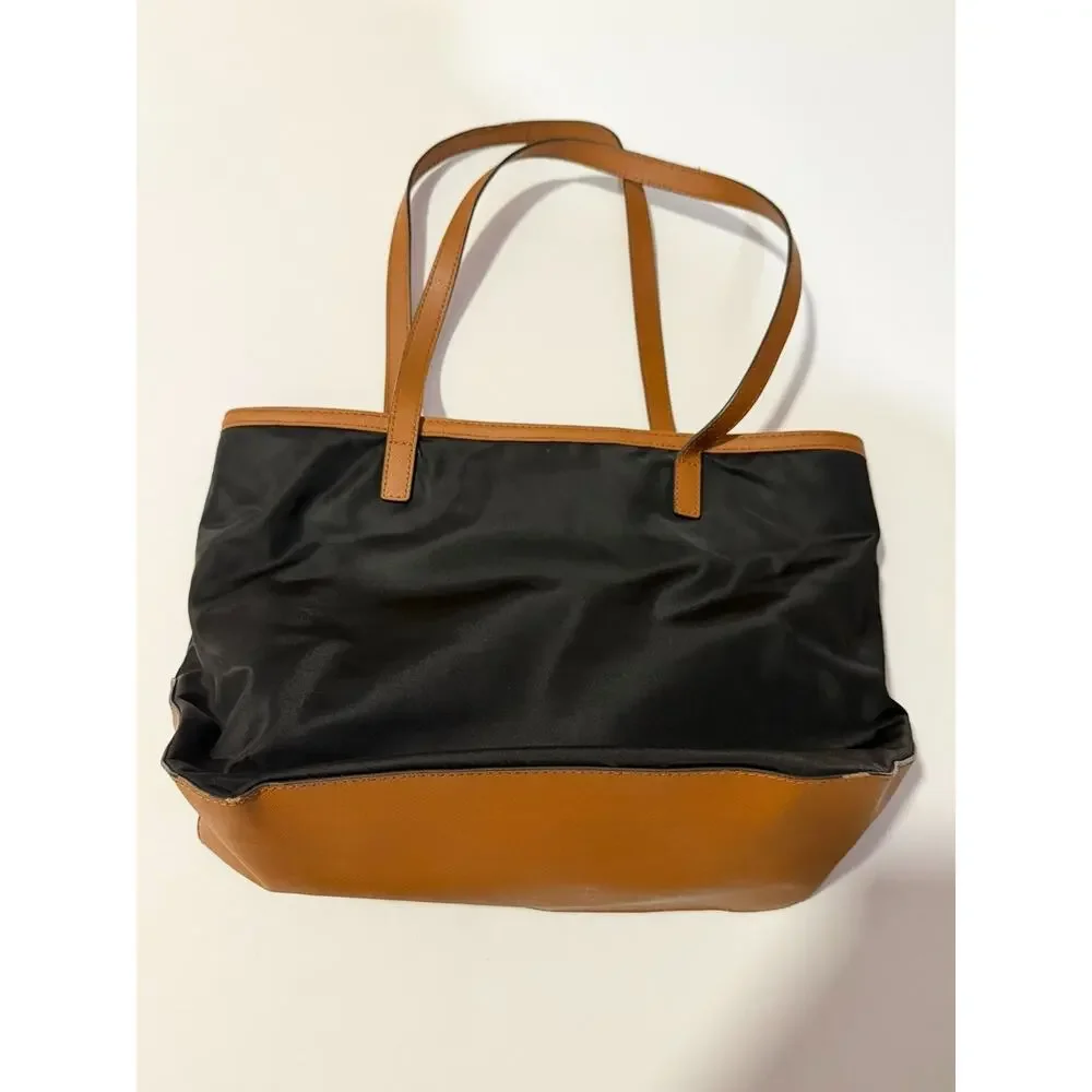 Michael Kors Nylon Tote Bag Black Tan Leather Trim Gold Hardware